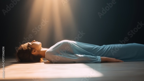 Person resting on a dark floor as warm light enters through an opening above, symbolizing recovery, renewal, and emotional healing.