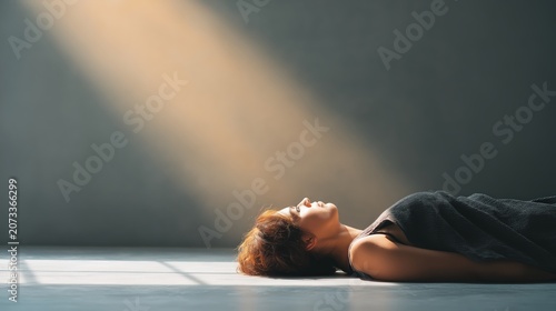 Person resting on a dark floor as warm light enters through an opening above, symbolizing recovery, renewal, and emotional healing.