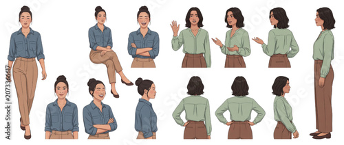 Woman Business Casual Character Poses Vector Illustration Set