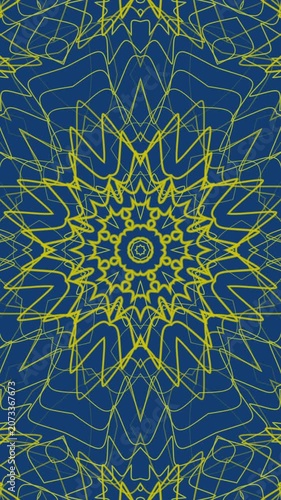 Vertical Suitable for textile design, stationary, web backgrounds. Yellow mandala design with symmetrical patterns on blue background. Geometric, intricate linear artwork.