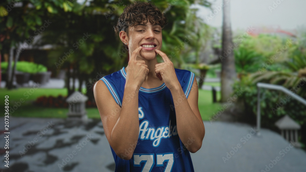 Fototapeta premium Teenage boy in blue los angeles basketball jersey shows tongue and points to cheeks in park; playful carefree.