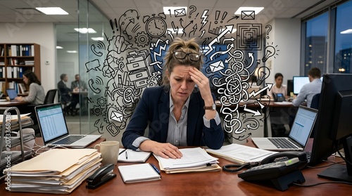 Stressed businesswoman overwhelmed by work, holding head amidst office chaos