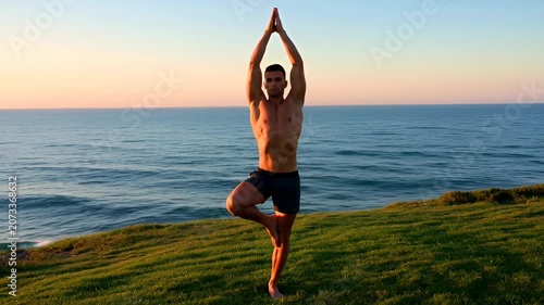 Athletic Man Practicing Tree Pose Yoga by the Ocean at Sunset