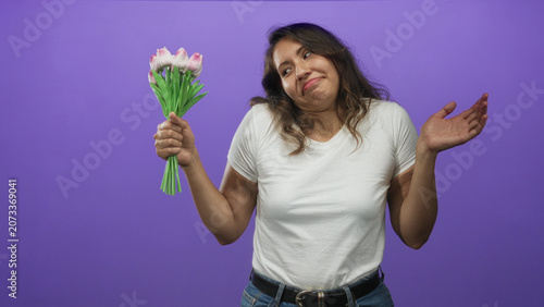 Cuadro en lienzo Young hispanic woman holding pink tulip bouquet and shrugging with palms up in purple studio; indifference