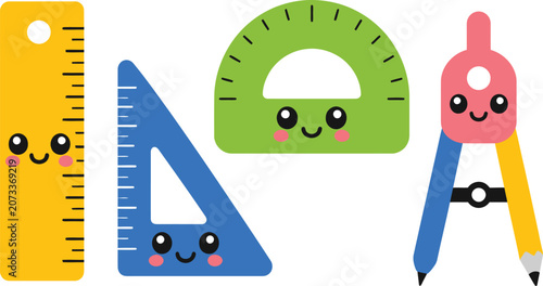 Kawaii School Essentials Flat Icons Set – Cute Backpack Briefcase Lunch Box Calculator Clipboard Paper Clip Push Pin Water Bottle