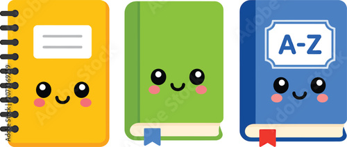 Kawaii Classroom Supplies Flat Icons Set – Cute School Bus Glue Glue Stick Scissors Blackboard Whiteboard Bell Chalk