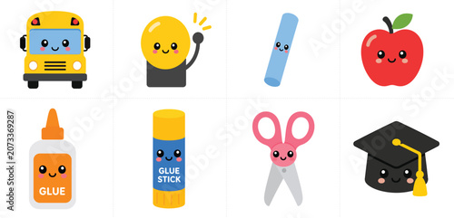 Kawaii Classroom Furniture and Technology Flat Icons Set – Cute Laptop Tablet Desk Chair Locker Clock Bookmark Marker
