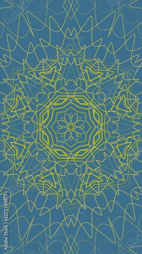 Vertical Yellow geometric floral mandala art on cyan background suitable for backgrounds, textiles, stationery, and decorative prints for apparel and home decor.