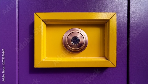 yellow frame encasing a door peephole against a purple wall functioning as a home safety detail home safety month