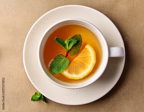 white ceramic cup filled with warm ginger tea with lemon and mint placed on a plain surface overhead with copy space
