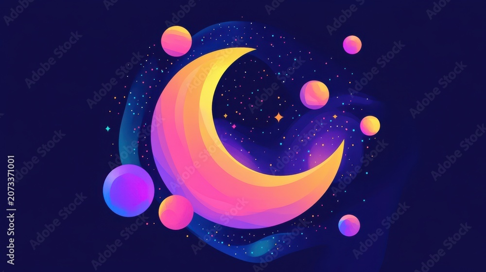 Fototapeta premium Colorful crescent moon with planets and stars illustration