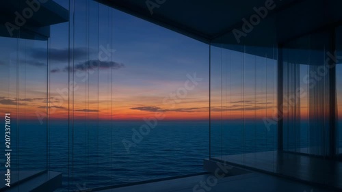 Modern luxury villa interior with panoramic glass wall overlooking tranquil ocean sunset timelapse