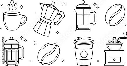 Obraz na płótnie Coffee brewing and cafe outline icon set featuring moka pot french press grinder