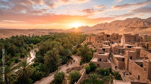 Moroccan Oasis Village Sunset - Traditional Kasbah Architecture & Palm Trees