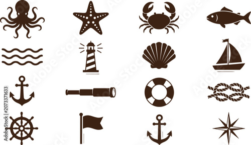Canvas Print Nautical icon set with sea animals and maritime elements vector illustration iso