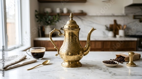 Ornate golden coffee pot with beans and cup on marble counter, kitchen scene