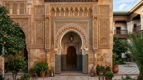 Ornate Islamic Archway with Geometric Patterns and Courtyard Garden
