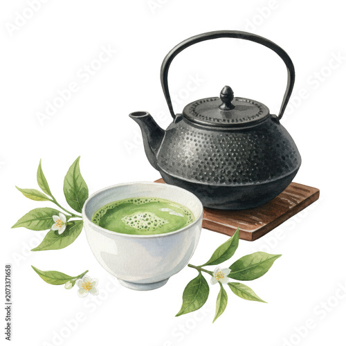 transparent ceramic chawan with emerald matcha tea and matte black tetsubin on dark wooden tray, tea leaves, white watercolor background, traditional japanese harmony concept