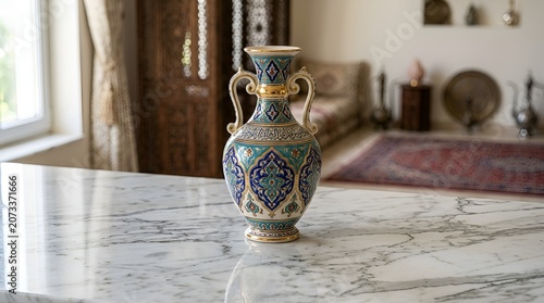 Ornate Persian Ceramic Vase with Gold Accents on Marble Countertop