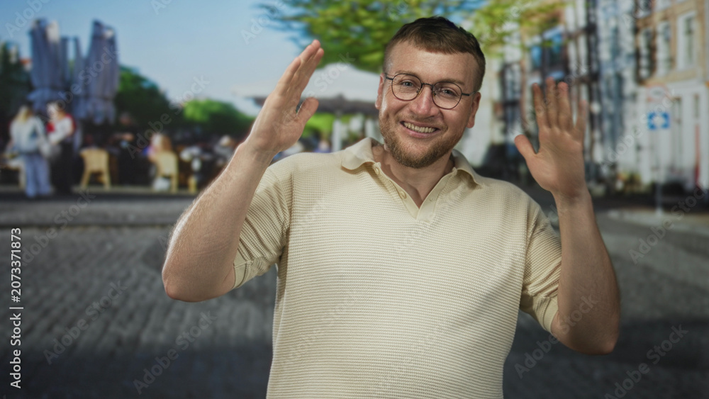 Fototapeta premium Man raising hands on a cobblestone street smiling and looking upward with glasses and beard; joy celebration.