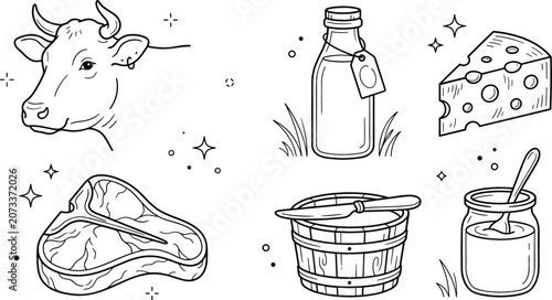 Fotografia Dairy and cattle farming outline icon set featuring cow head milk bottle cheese