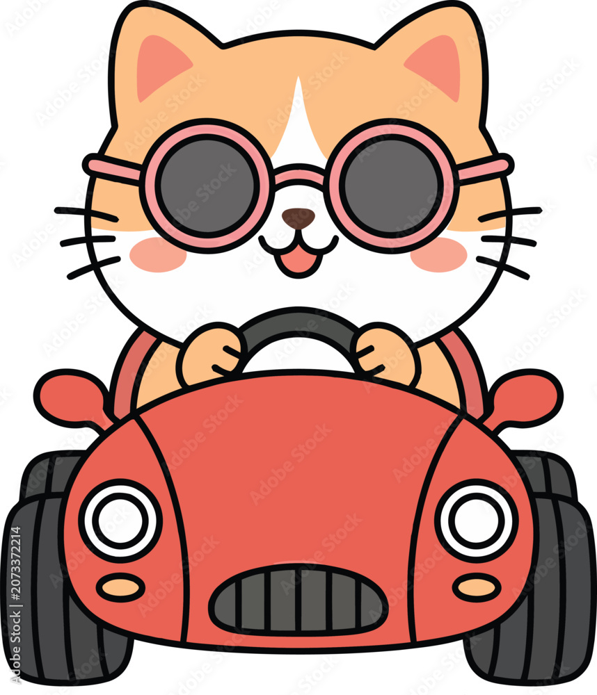 Naklejka premium Cute cartoon cat driving a red car, vector illustration