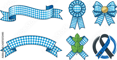 Bavarian Oktoberfest Ribbon and Banner Vector Set with Blue and White Diamond Checkered Bow Rosette and Hop Leaves for German Festival Web Decorations