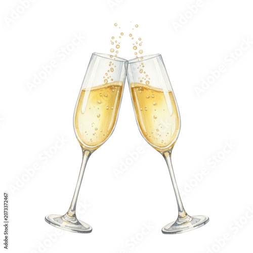 Elegant watercolor illustration of two crystal champagne flutes, golden sparkling wine, effervescence, raised in joyful toast on white background, festive celebration atmosphere