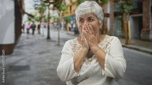 Konstfotografi Woman plus size grey hair covering mouth with hand on street, arms crossed, eyes squinting in a suppressed laugh; amusement