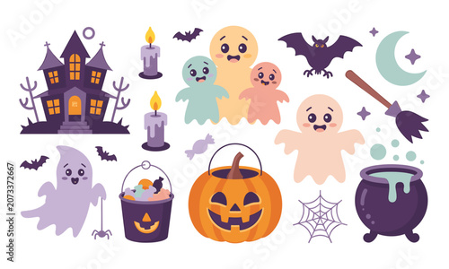 Cuadro en lienzo Halloween sticker set with a haunted house, candles, ghosts, bats, candy, pumpki