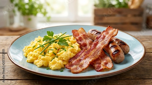 Scrambled eggs bacon and sausages on a blue plate food photography