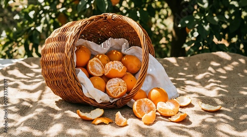 Wicker basket filled with tangerines and peeled segments outdoor setting