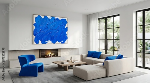 Abstract Blue Painting In Modern Living Room Interior