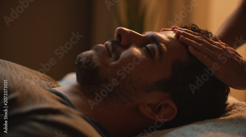 Hispanic man receiving acupuncture therapy in peaceful holistic health clinic. Latin male relaxed in clinic environment.