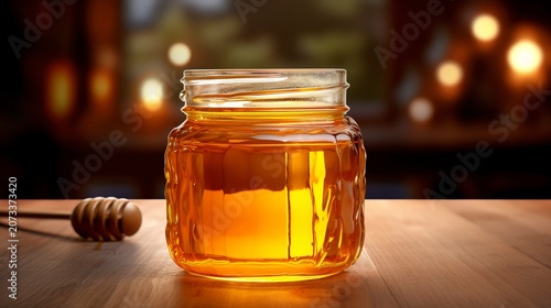 A photo of honey in a glass jar on a wooden table.