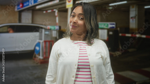 Tableau sur toile Woman in striped shirt and white cardigan tilts head with a knowing smile, face visible inside a parking building with barrier and car; wry amusement