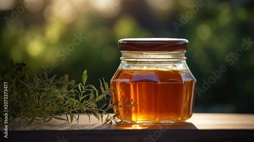 A photo of honey in a glass jar with a natural backdrop.