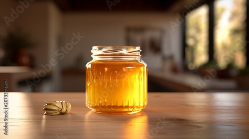 A photo of honey in a jar on a wooden counter