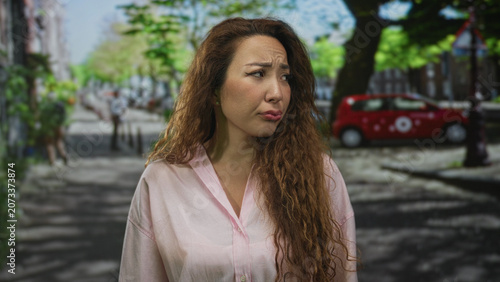 Obraz na plátne Woman frowning with a pouting face on a city street sidewalk beside a parked red car and leafy trees in daylight; uncertainty concern