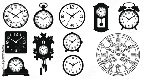 Foto Collection Of Vintage Clocks Black And White Silhouette Illustration