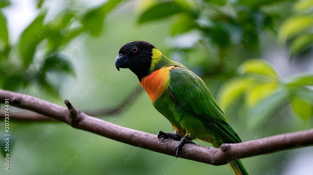 Obraz premium A vibrant and sleek parrot is dramatically perched on a branch showcasing colorful motifs and playful contrasts in nature