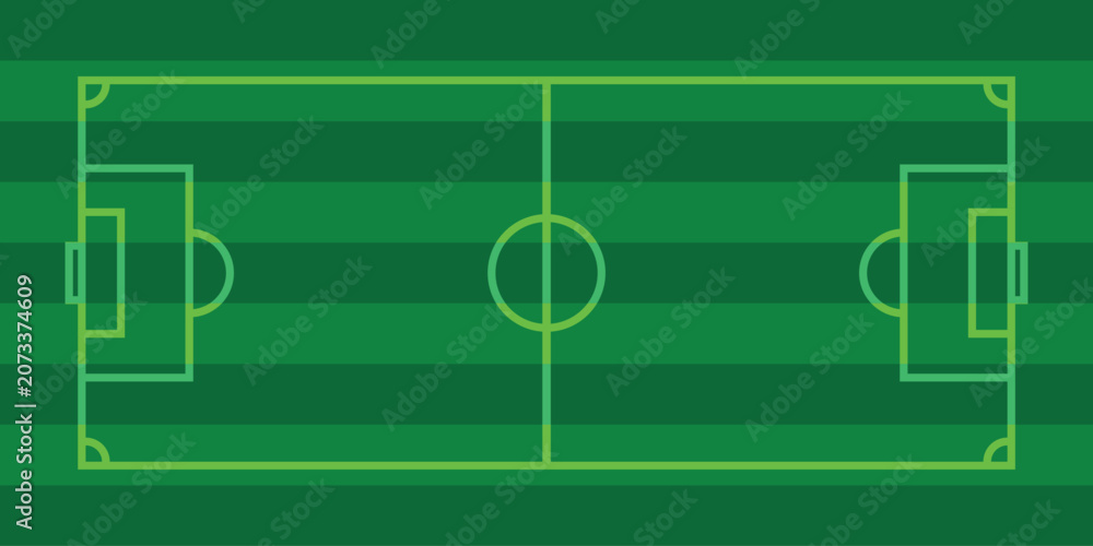 Obraz premium Green soccer field with yellow lines and markings for playing area goals and center circle for football or rugby match on striped grass surface