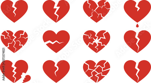Tableau sur toile Collection of broken heart symbols in various cracked and shattered styles