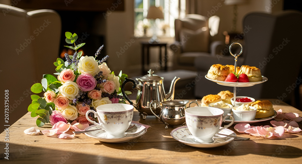 Fototapeta premium Elegant Afternoon Tea Setting with Scones, Flowers, and Teacups