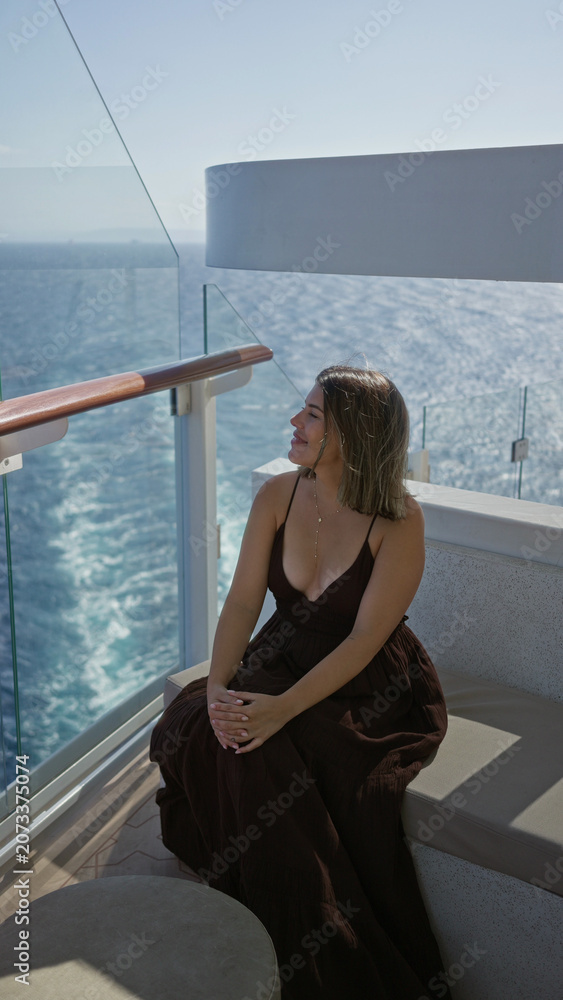 Naklejka premium Woman sitting with clasped hands on cruise terrace bench overlooking ocean wake and glass railing, wearing dark dress and necklace; serenity.