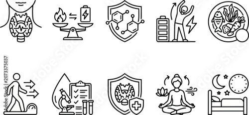 Set of black and white linear vector icons depicting various healthy lifestyle habits medical checkups and wellness practices for modern healthcare and personal fitness design projects