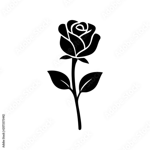 black rose flower stem silhouette isolated on white background for creative designs