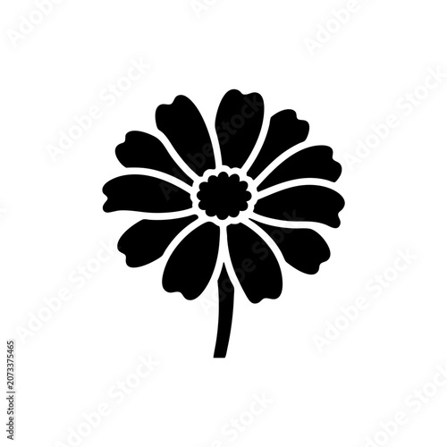 black zinnia daisy flower stem silhouette isolated on white background for creative designs
