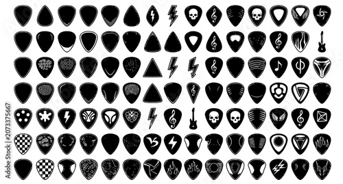 Collection of guitar picks with various unique designs icons and symbols including skulls musical notes and lightning bolts isolated as black and white vector graphic set