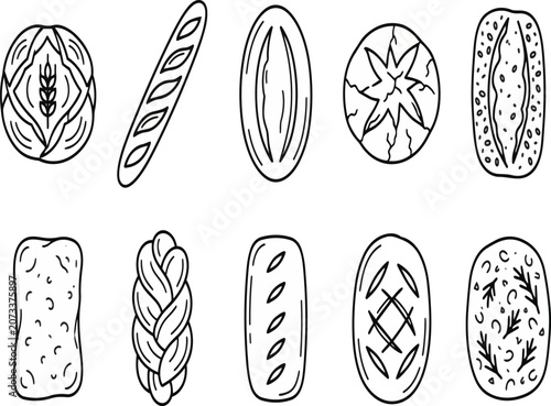 Minimalist vector illustration set featuring ten different types of hand drawn bread loaves arranged in two rows for bakery branding and culinary design project assets